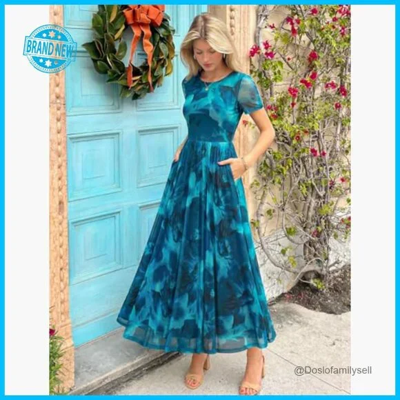 Floral Mesh Maxi Dress Short Sleeve Formal Wedding Guest A-Line Flowy - Picture 5 of 7